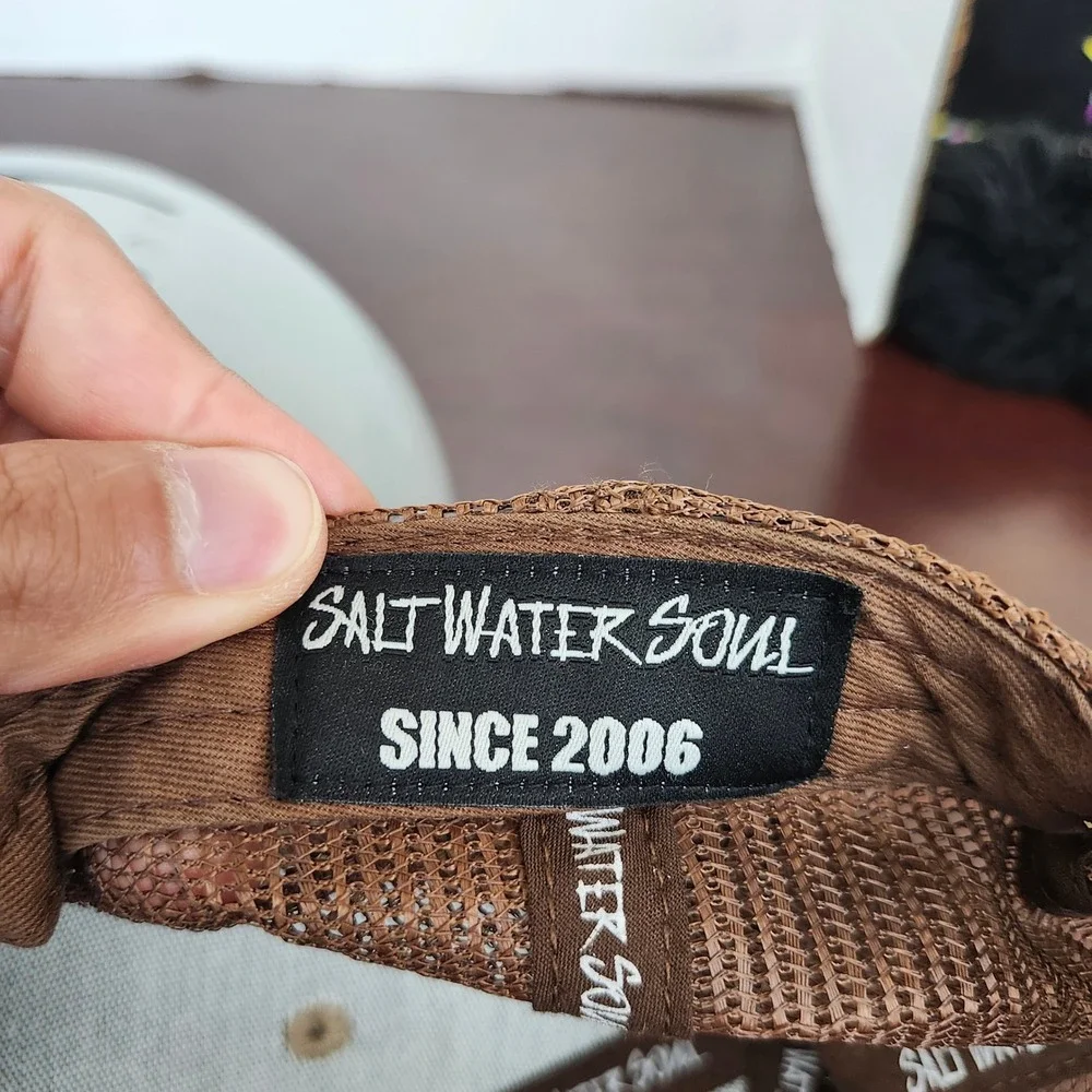 Salt Water Soul Trucker Hat Tan Brown Marlin Fish Mesh Back Snapback Cap Mens OS